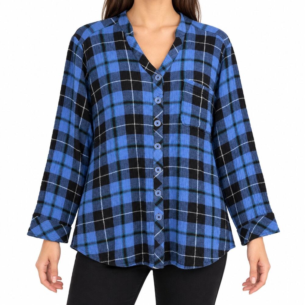 Habitat Sz Large Blue Black Plaid Gauze Winter Cozy Blouse Shirt Top Christmas